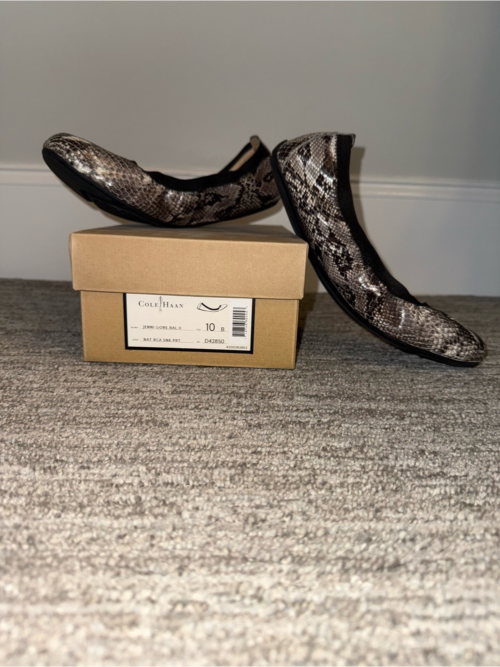 Cole Haan Snake-Print Ballet Flats in Gray and Black